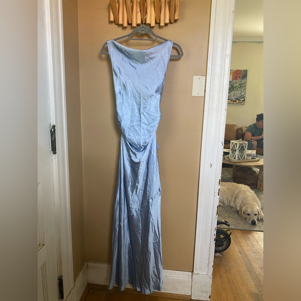 Selfie Leslie Light Blue Satin Maxi Dress CrissCross Back Sz L NWT